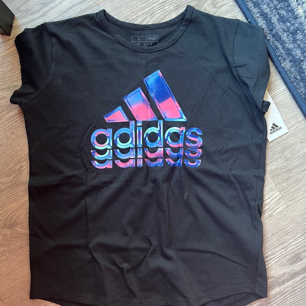 Adidas girl/tween Kids soft Black Tee with Colorful Logo